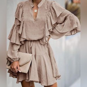 Women's Elegant Long Sleeve Dresses V Neck High Waist Ruffle Loose Flowy Party